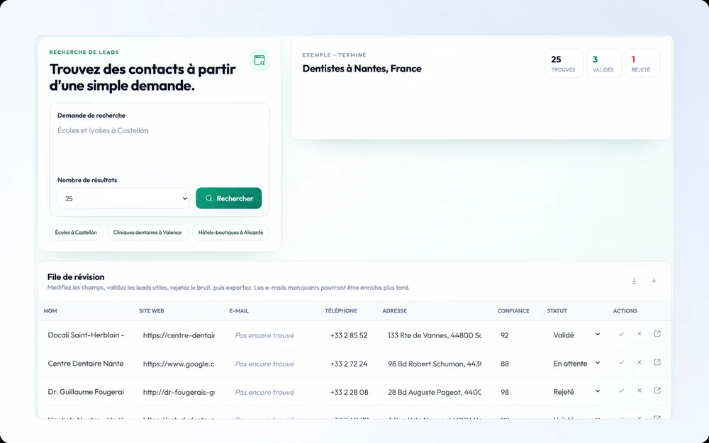 Lead Finder avec une demande de recherche et une file de vérification pour valider ou rejeter les contacts.
