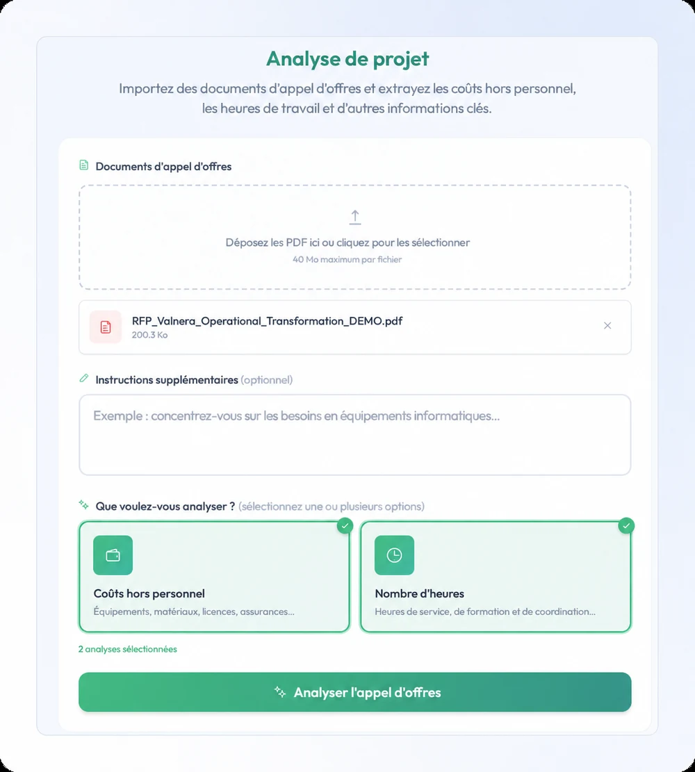 Analyse de projet avec un document d’appel d’offres déposé, et les coûts hors personnel et les heures de travail sélectionnés.