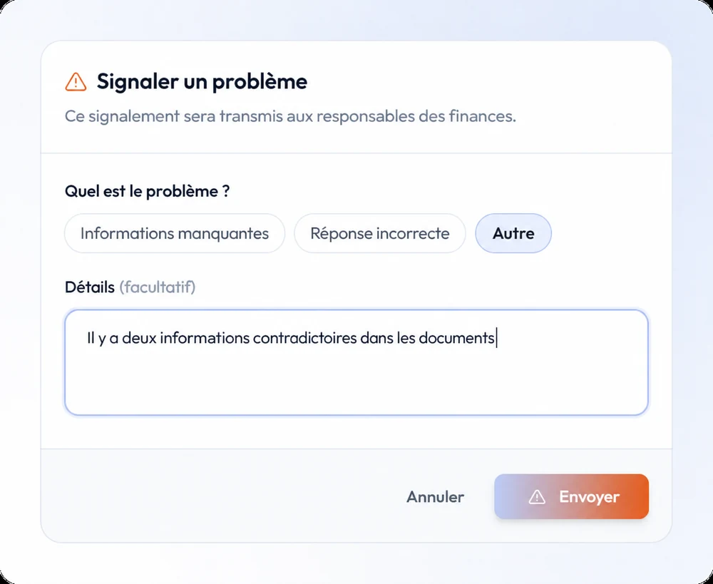 Fenêtre de signalement d’une réponse Finance, avec une note sur des informations contradictoires dans les documents.