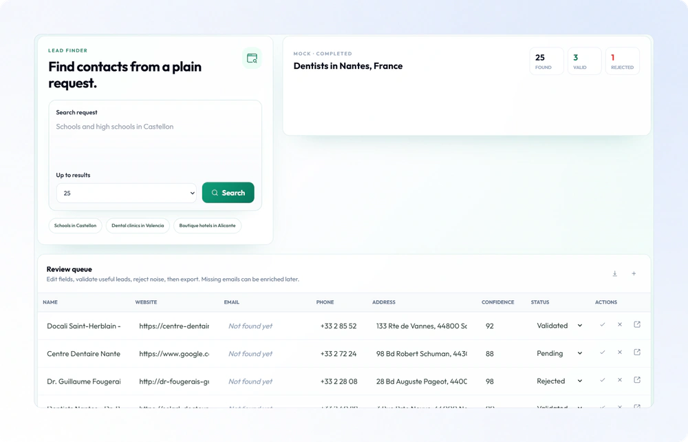 Lead Finder with a search request and a review queue for validating or rejecting contacts.