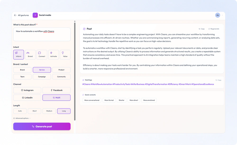 Social media Gesture with channel, intent and length controls alongside a generated post and hashtags.