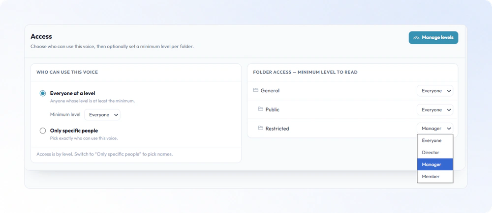 Voice permissions with a minimum access level and separate restrictions for individual folders.